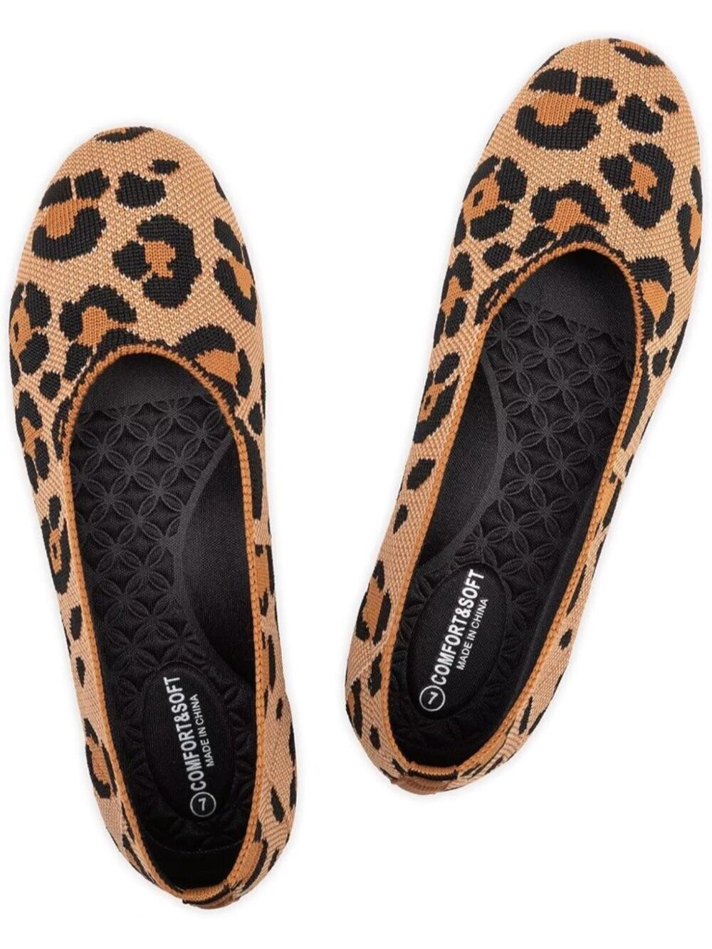 Womens Orange Knit Ballet Leopard Print Knit Round Toe Slip On Ballerina Flats